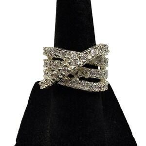 Sparkling Silver Tone Multi-Band Crisscross Pave Crystal Rhinestone Ring Sz 5